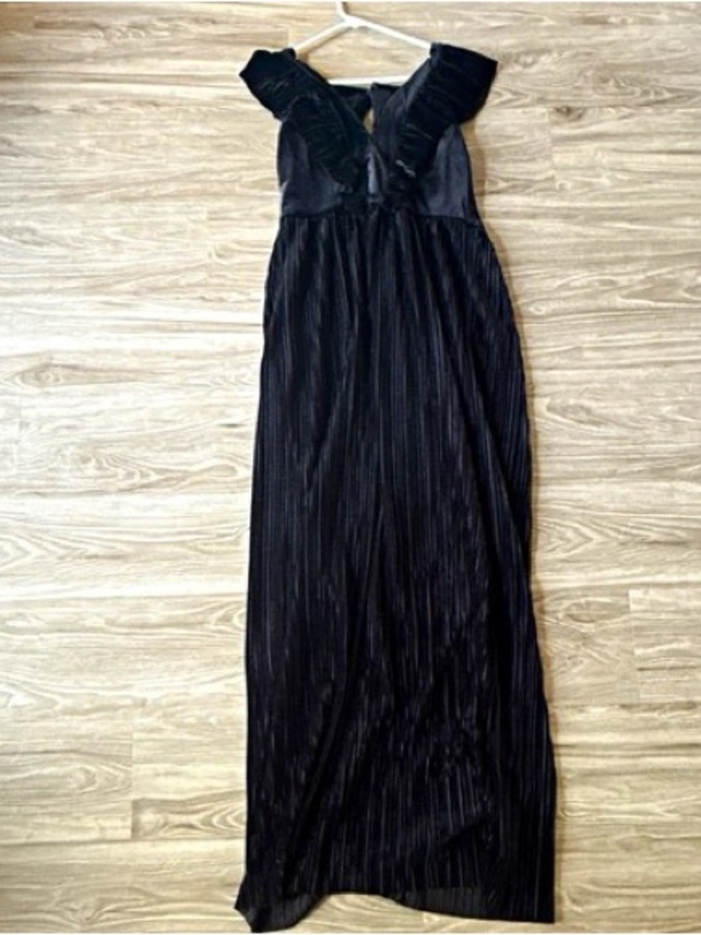 BCBGeneration Black Velvet Maxi Dress with Ruffle Shoulders